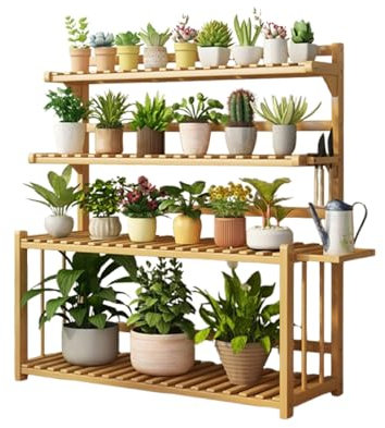 Blumenständer, Pflanzenständer Indoor Outdoor 4-5-stöckiger Hoher Bambus Pflanzenregal Strapazierfähiger Rostfreier Blumenregal für Eckgarten Terrasse Rasen Balkon Büro (Color:,Size:50X30X100CM)