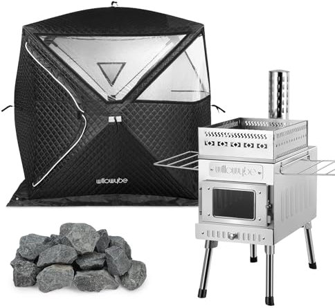 WILLOWYBE Portale Outdoor-Sauna-Set mit Saunazelt, Sauna-Holzofen, Saunasteinen für Trockensauna, Kochen für Familie und Freunde.