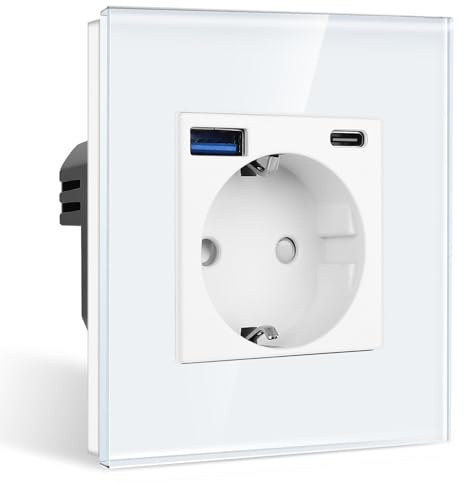 CNBINGO Einzelsteckdose Unterputz mit 1x USB-A/C Max.2,1A, Glas Weiß