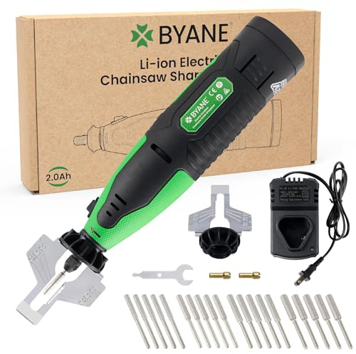 Byane Elektrisches schnurloses Kettensägenschärfer-Set, 12 V, tragbares Kettensägenschärfer, 2000 mAh, Mini-Schleifer mit 20 Diamant-Kettensägen-Schärfscheiben für Hartmetallschneider, Sägekette
