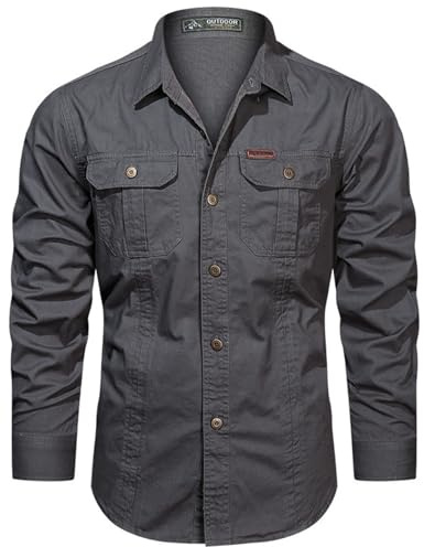 PADOLA Hemd Herren Baumwolle Hemden Langarm Slim Fit Cowboyhemd Stehkragen Westernhemd Taktisches Hemd Outdoor Arbeitshemd Safarihemd Einfarbige Freizeithemden