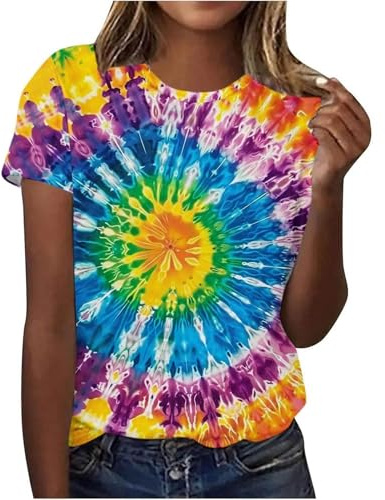 Maglietta a maniche corte batik da donna con motivo animale, maglia con gatto, mucca e giraffa, camicetta casual a tunica con vestibilità ampia per ragazze adolescenti, multicolore, L