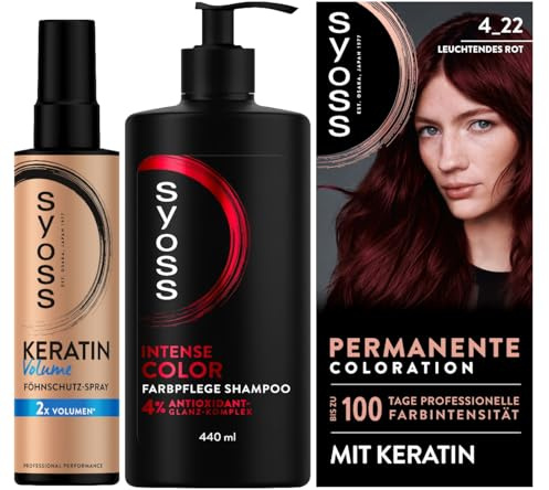 SYOSS Coloration 4_22 Leuchtendes Rot (115 ml) professionelle Farbintensität & Shampoo Intense Color Farbpflege Shampoo (440 ml) Farbschutz & Keratin Volume Föhnschutz-Spray (200 ml)