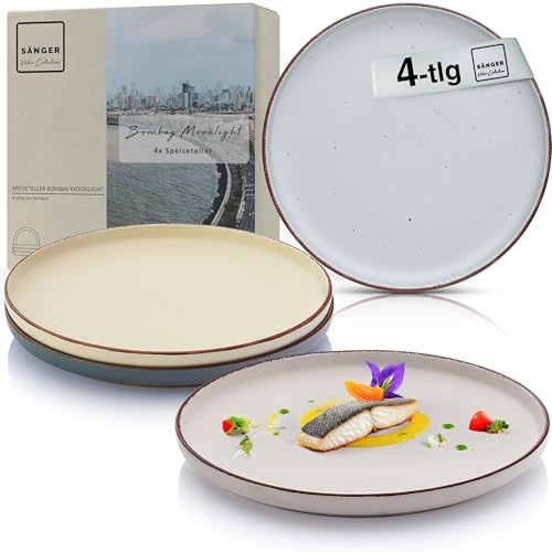 SÄNGER Bombay Moonlight Teller Set 4 Personen, 4x Speiseteller Set | Steingut, Dinner Set kratz- mikrowellen- spülmaschinenfest, Steingut Essteller Essgeschirr, Plate Set bunt
