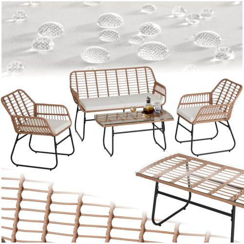 tectake® Outdoor Rattan Sitzgruppe, Möbel, Balkonmöbel, Gartenmöbel Set mit 1x Gartenbank, 2X Stühle + Tisch, Balkonmöbelset für Garten, Terrasse, Balkon - Natur