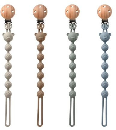 Dummy Clip,RoadLoo 4 PCS Premium Silicone Soother Chains One-Piece Design Pacifier Clips Wooden Soother Clips Design Fits Most Pacifiers and Teething Toys