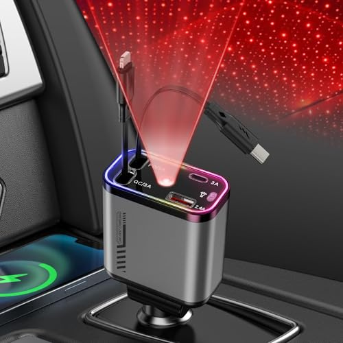 4 IN 1 Zigarettenanzünder USB C Auto Ladegerät Sternenhimmel Auto 69W USB Adapter Auto Schnellladegerät mit einziehbare Typ-C Kabel/USB C/USB A,24/12V KFZ Ladegerät Auto für iPhone/Samsung/Huawei Mate