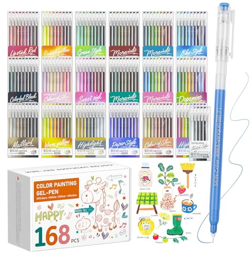 TrendGate Set di 168 penne gel, punta fine da 0,5 mm, 162 colori (159 colori + 3 bianco/3 argento/3 oro), set di penne gel per pittura, scrittura e diario