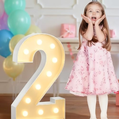 2.3ft LED Marquee Light Up Numbers, 10 Digits Reassemblable Giant Large Frame Mosaic For 3th Birthday Decorations, Party DIY Anniversary Décor(Warm white,Number 2)