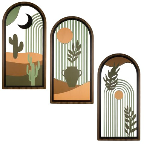 YunBey 3-Piece Boho Style Wall Decor – Arch-Shaped Wooden Plant Art Prints with Cactus & Plant Patterns | Modern Wall Decor for Living Room, Bedroom