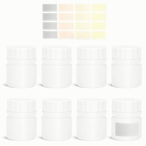 GZRXIOUS 8 Bottiglie per Pillole Bianche, Bottiglie di Plastica Vuote Bottiglia per Compresse Contenitore per Campioni Polvere Bottiglia Piccola Capsula Bottiglia per Medicina Solida con Adesivi 30ml