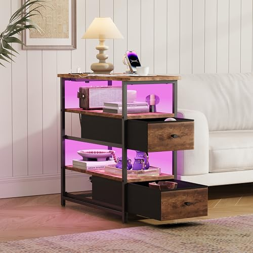 Liuyoyo Table de chevet avec LED et fonction de charge, table de chevet à quatre niveaux avec deux tiroirs, table d'appoint avec 2 prises, 1 port USB et 1 type C, pour salon, chambre à coucher, marron