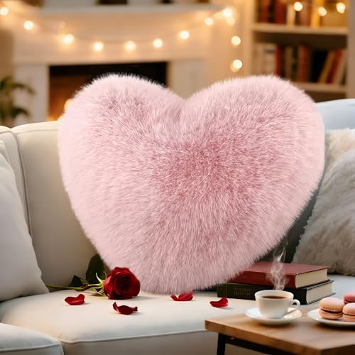 Hjärtkudde gosig kudde fluffig, hjärtformad kudde, plyschkudde hjärtform, kärlek dekorativ kudde aesthetisk, hjärtkudde present för vardagsrum soffa, sovrum säng (lång lugg – ljusrosa, 30 x 40 cm)