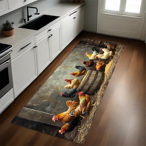 Brown Küchenläufer 60 x 180 cm Tiere, Hühner und Holzfässer rutschfest Waschbar Küchenteppich Pflegeleicht Teppich Läufer für Küche Flur Eingangsbereich Esszimmer