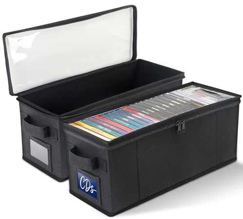 CCidea CD Storage Box with Clear Window - 2 Pack Media Organizer, Innovative Folding Design for CD Discs, CD Holder with Reinforced Handle & Label Slot, Holds 29 CDs Each, Fits Car & Home Use (2)