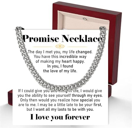Promise Necklace Cuban Link Chain for Men, Stainless Steel Silver Chain Necklace with Meaningful Message, Romantic Jewelry for Husband or Partner on Birthday Valentine or Special Occasions Luxury Box