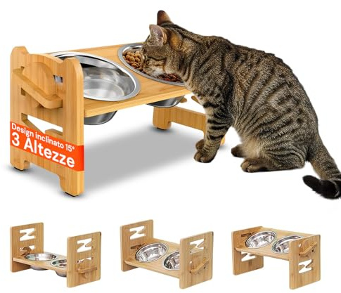 Avilia Ciotole Rialzate per Gatti e Cani 250ml – Set 2 Ciotole per Gatti in Acciaio Inox con Supporto in Bambù Regolabile 3 Altezze, Ciotola Rialzata Inclinata 15° Lavastoviglie, per Cuccioli e Adulti