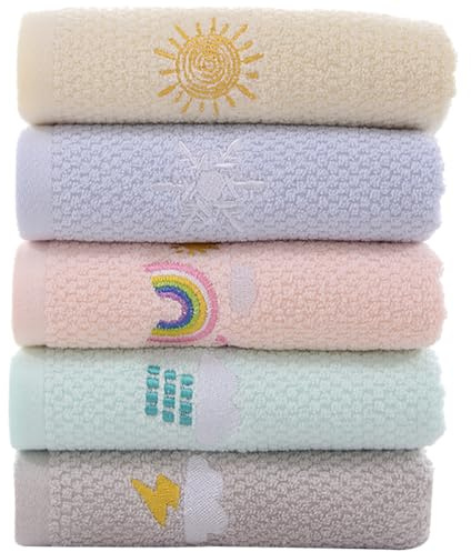 5 Pcs Cotton Absorbent Washcloths for Children, Lightweight | Cute Towel Set for Face Washing, Reusable Everyday Cloths, Gentle Pack for Boys and Girls