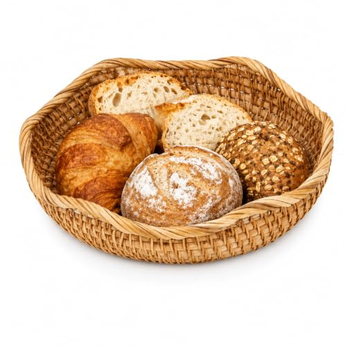 Morvexa Corbeille à Pain Ronde, Panier pour Petit Déjeuner au Quotidien | Rotin tressé, cuisine et brunch, viennoiseries petits pains fruits, forme basse ouverte, bord ondulé, rangement décoratif