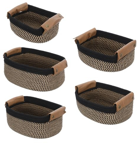 Alipis 5pièces Lot de Paniers de Rangement Tressés Corde de Coton avec Poignées Pu Paniers Décoratifs pour Chambre Garçon Fille Salle de Bain et Bureau Organiseurs Pratiques pour Jouets