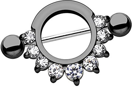 Piersando Brustwarzen Piercing Intimpiercing Nippelpiercing Brust Nippel Intim Brustwarzenpiercing Barbell Schild mit Kristallen Anthrazit
