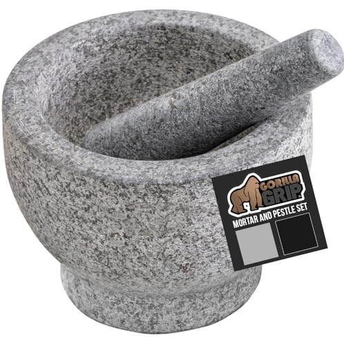 GORILLA GRIP 100% Natural Granite Stone Mortar and Pestle Set, Non-Scratch Base, Heavy Duty Unpolished Molcajete Guacamole Salsa Bowl, Grind Seeds, Herbs, Pills, Kitchen Lab Muddler, 1.5 Cup Gray