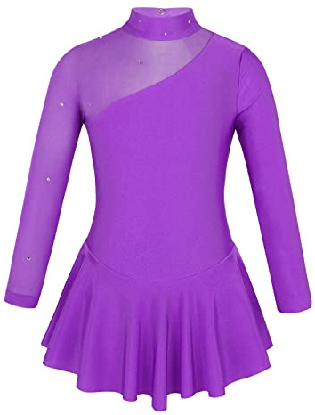 MSemis Vestido Patinaje de Manga Larga para Niña Leotardos de Danza Maillot con Falda Gimnasia Rítmica con Pedrería Brillante Disfraz de Bailarina 4-16 Años A Morado 8 años