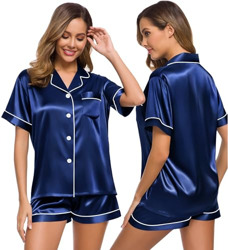 SWOMOG Seidenpyjama für Damen Satin Kurzarm Nachtwäsche Silk Pyjama Sets mit Button und Tasche Zweiteiliger Loungewear Schlafanzug Ladies Pjs Sets Blau