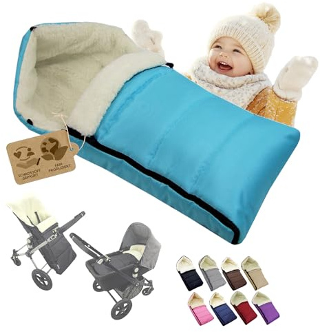 BAMBINIWELT åkpåse lammull vinteråkpåse barnvagn buggy babyskål babyåkpåse tvättbar 108 cm fodrad (turkos)