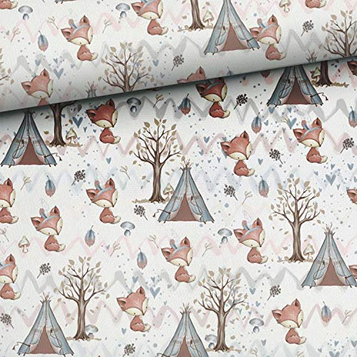 50x150cm Baumwollstoff für Kinder mit Tiere - Stoffe zum Nähen aus Baumwolle mit Waldtiere – 0,5m Premium Baumwollstoffe mit süße Füchse - keine Meterware - Waldfreunde Kinderstoff