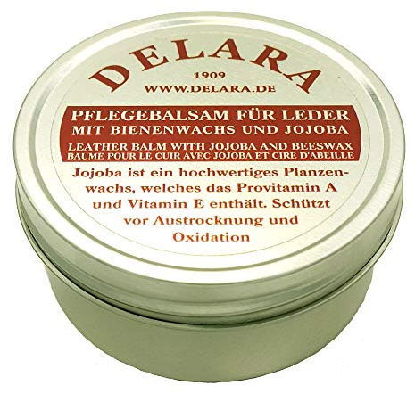 DELARA Hochwertiger Pflegebalsam für Leder mit Jojoba und Bienenwachs - schützt Glattleder wirksam vor Austrocknung und Oxidation, Farbe: Braun - 150 ml - Made in Germany