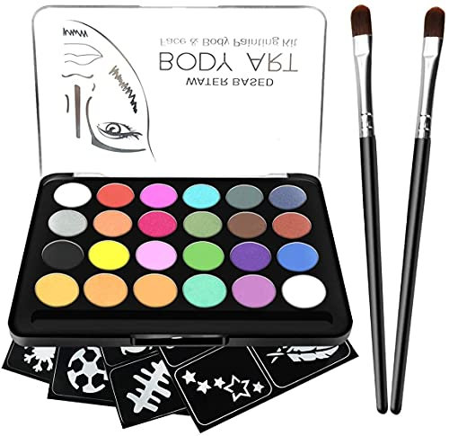 RIOGOO Face Paint Kit für Kinder, 24 große Farben auf Wasserbasis, 32 Schablonen, 2 Pinsel, professionelle Gesichts- und Körperfarbe, ungiftiger und hypoallergener Safe, Gesichtsbemalung für Halloween