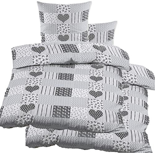 4-TLG. Seersucker Bettwäsche 2X 135x200 +80x80cm, grau, dunkel grau,kariert mit Herzen, bügelfrei, Microfaser (60360)