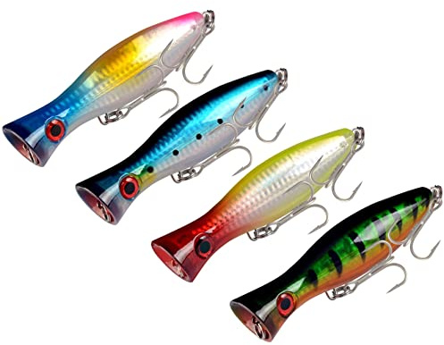 GudGmtoy 4 cebos flotantes de pesca grandes popper, señuelos de pesca de agua salada, cebo artificial, bajo, atún, popper, lucio, perca, láser azul verde