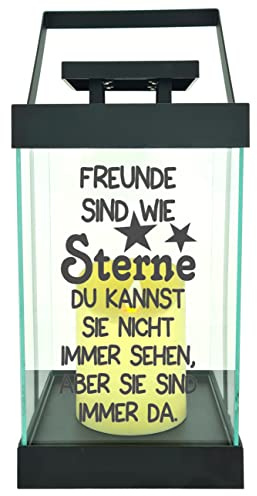 WB wohn trends Edle Glas-Laterne mit LED-Kerze, Freunde sind wie Sterne, Timer, 35cm hoch mit Bügel, 24,5x13x13cm, Batterie LED-Licht LED-Laterne LED-Lampe mit Text Spruch