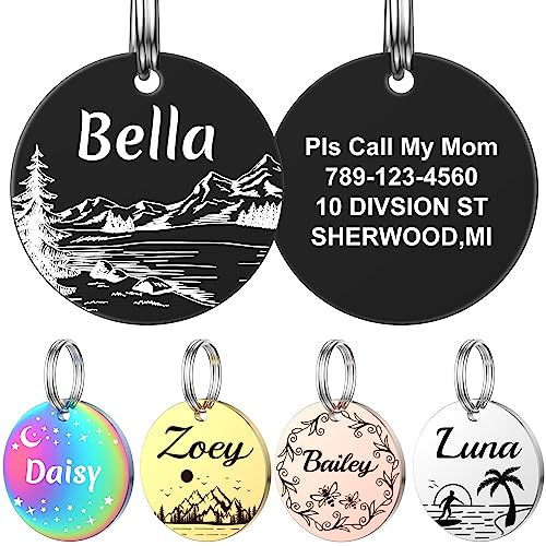 YEHANTI Hundemarke mit Gravur, Dog Tag Personalisiert mit Name, Telefonnummer und Verschiedene Muster Graviert für Hunde Katzen, Rund Edelstahl Adressanhänger Marke für Hundehalsband (Groß, Schwarz)