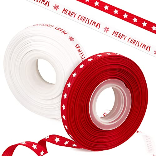 COLOFALLA 2 Rolle x 18.2M x 10mm Weihnachten Geschenkband Weihnachtsbänder Schleifenband Merry Christmas Sterne Weihnachten Dekoband Bänder zum DIY Basteln für Geschenke Party Dekoration Rot Weiß