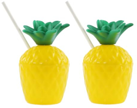 Hawaiian Coconut & Pineapple Cups - Summer Cup Tropical Cocktail Party Drinking Cups with Paper Straws for Garden Birthday Summer (Two Pineapple)