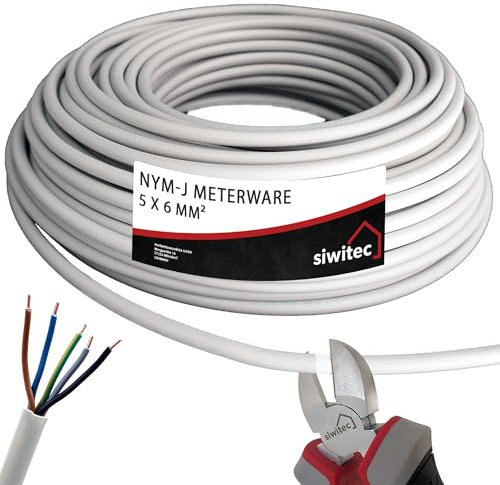 siwitec NYM-J 5x6 mm² Kabel, Mantelleitung, Installationskabel, Feuchtraumkabel in grau, exakt zugeschnittene Meterware in Profi-Qualität, Länge (aktuelle Auswahl) = 10 Meter