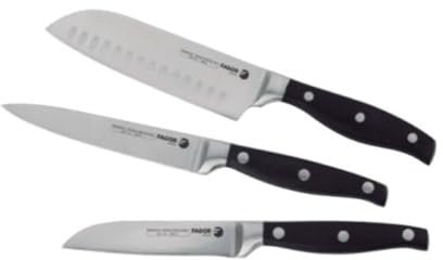 FAGOR Future - Juego de 3 Cuchillos de Acero Inoxidable, Santoku 18 cm + Universal 12,5 cm + Pelador 9 cm, Máxima Precisión, Mango Ergonomico