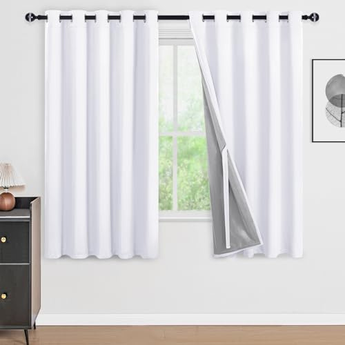 DWCN 100% White Blackout Curtains with Tiebacks, Double Layer Thermal Insulated Room Darkening Noise Reducing Grommet Window Curtain Drapes with Black Liner for Kitchen 60 x 63 Inch, 2 Panels