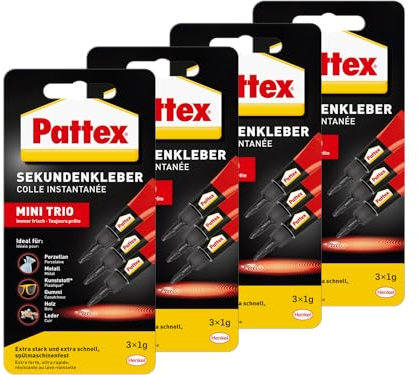 Pattex Sekundenkleber Flüssig Mini Trio, spülmaschinenfester Superkleber in 3 praktischen Tuben, schnelltrocknender farbloser Flüssigkleber, 4x 3x1g, mehrfarbig