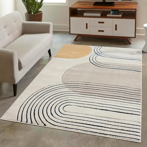 carpet city Teppich Kurzflor Beige - 80x150 cm - Moderne Wohnzimmer-Teppiche Geo-Muster mit 3D-Optik - Flachflor Bodenbelag Deko Schlafzimmer, Esszimmer