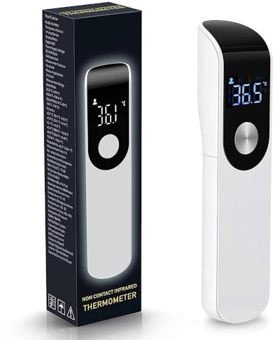 Termómetro Digital, Termometro Infrarrojos sin Contacto, Termometro Digital Frente con Alarma de Fiebre, Pantalla LCD, ℃ y ℉ Conmutable, Lectura Instantánea, Termometro Bebe Adultos (Blanco)