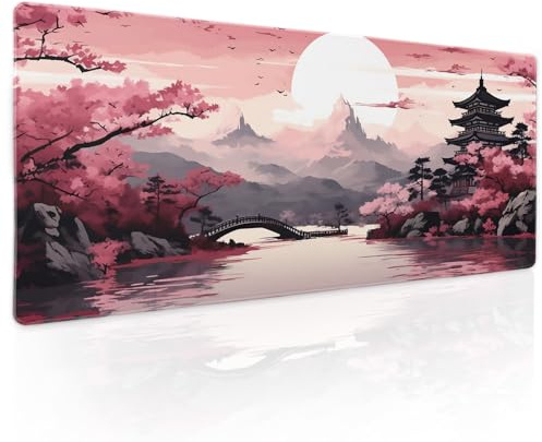Grand tapis de souris de jeu Sakura japonais rose, taille XL, tour de fleurs de cerisier, paysage de montagne, grand tapis de bureau étendu avec base en caoutchouc antidérapant, bords cousus pour jeu