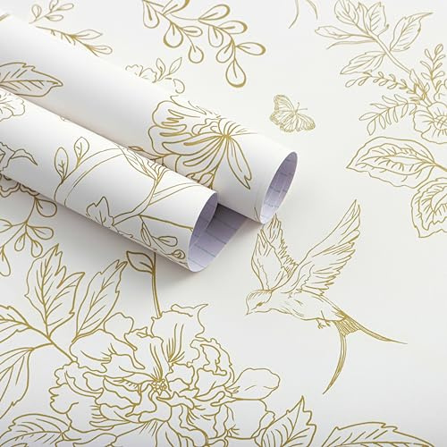 Froluya Cream White and Gold Floral Wallpaper Peel and Stick Wallpaper 17.7x118.1 Vintage Floral Removable Self Adhesive Wall Paper for Bedroom Boho Contact Paper Peel and Stick Decorative Cabinets