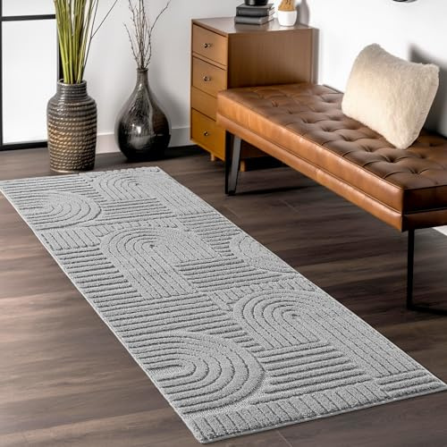 Teppium Grau Hochtief 3D Effekt Boho Muster Läufer 80 x 250 cm - Flauschig, Extra Weich, Waschbar, Skandinavisch, Unisex, Wohnzimmer, Schlafzimmer, Esszimmer, Küche