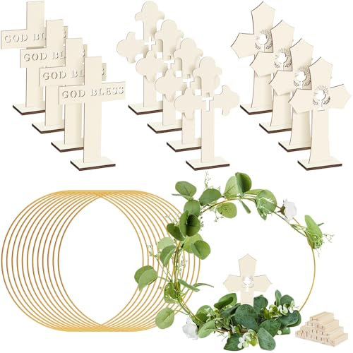 Wesiti Tafelaufsätze für Tauftische, 12 Holzkreuze zum Basteln, 12 Metall-Blumen-Reifen, Mittelstück mit Ständer, Holzkreuz, Taufe, Tafelaufsätze für Taufe, Party, Hochzeit, Holzfarbe, einzigartig, 24