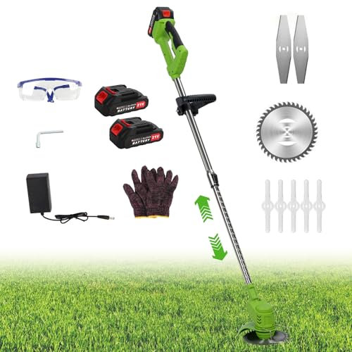 Weed Wacker Cordless Electric Weed Eater Battery Powered Lawn Trimmer Weed Eaters Cordless String Trimmer with Batteries (21V 1.5Ah) and Charger, Grass Trimmers for Yard Green