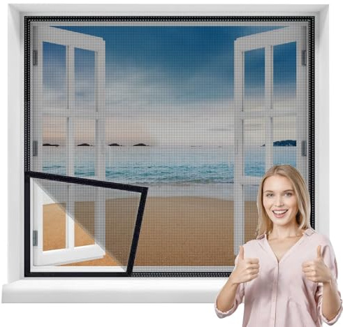 Fly Screen Window, 150x160cm Insect Protection with Hook and Loop Tape, Fly Curtain,for Balcony Door,Living Room,Sliding Door,Patio Door,Adhesive Installation Without Drilling Black